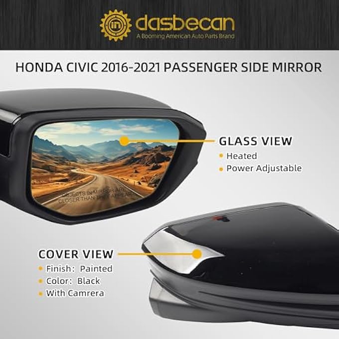 rayihni Passenger Side Door Mirror Assembly With Camera Compatible With Honda Civic 20162021 Power Glass Heated 11 Wires Color Black - Image 4