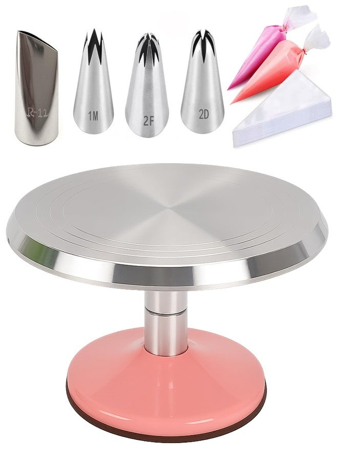 SHOAIB Detachable 12inch Cake Decorating Turntable with 1M, 2D, 2F, R11 Nozzles & 100pcs Piping Bags 360° Rotating Metal Cake Stand for Cake Piping & Frosting (Pink) - Image 1