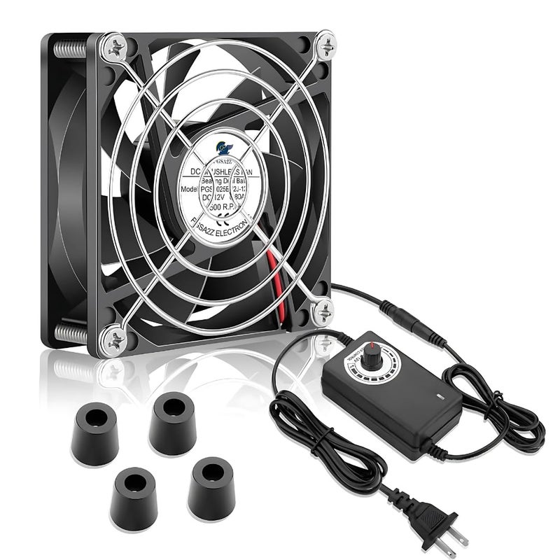 PGSA2Z 80mm Dual Ball Bearing Cooling Fan with Speed Controller, 12V DC Adjustable Quiet Fan for PC Case, Router, Cabinet, Modem, Reptile Tank and Electronics Cooling - Image 1
