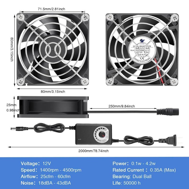 PGSA2Z 80mm Dual Ball Bearing Cooling Fan with Speed Controller, 12V DC Adjustable Quiet Fan for PC Case, Router, Cabinet, Modem, Reptile Tank and Electronics Cooling - Image 2
