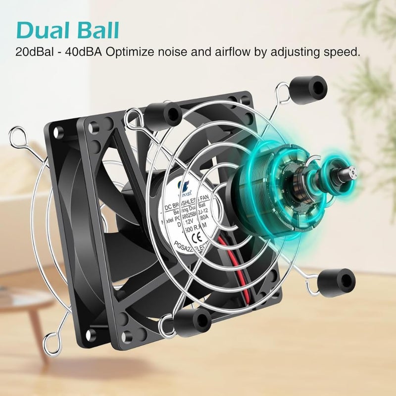 PGSA2Z 80mm Dual Ball Bearing Cooling Fan with Speed Controller, 12V DC Adjustable Quiet Fan for PC Case, Router, Cabinet, Modem, Reptile Tank and Electronics Cooling - Image 4