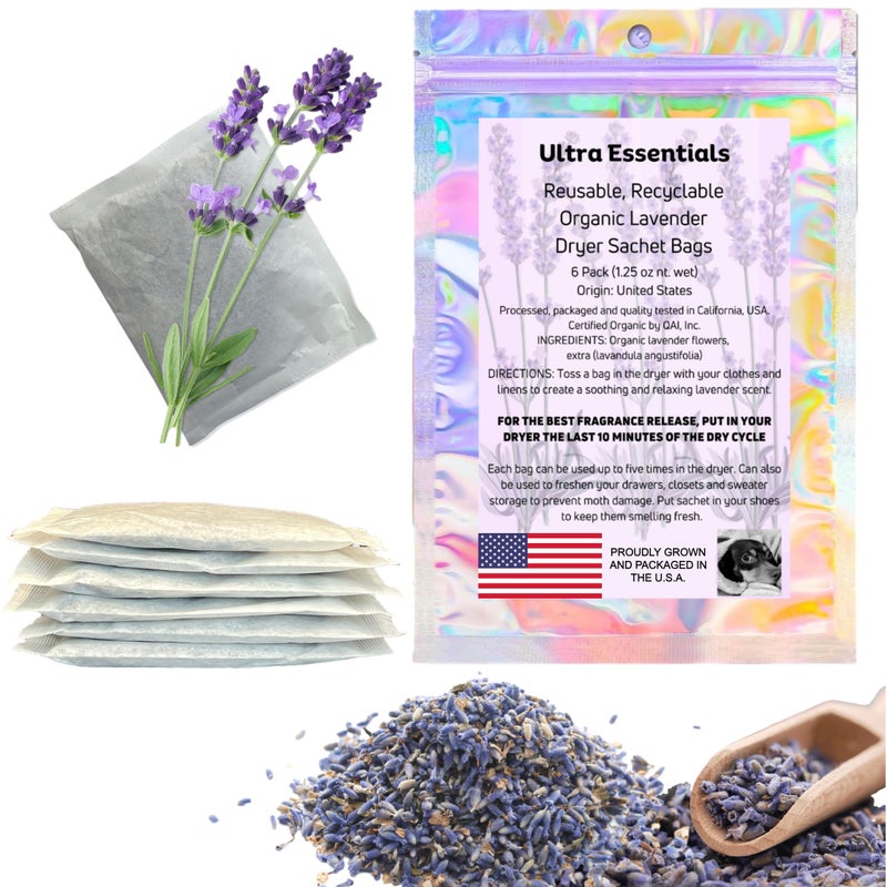 Ultra Essentials Lavender Sachet for Dryer Closet  Drawer Fragrance Freshens Laundry Naturally Scented Sachets for Shoes Gym Bags Cars  Sweater Storage wPremium Extra Flowers Grown in USA 6 Pack