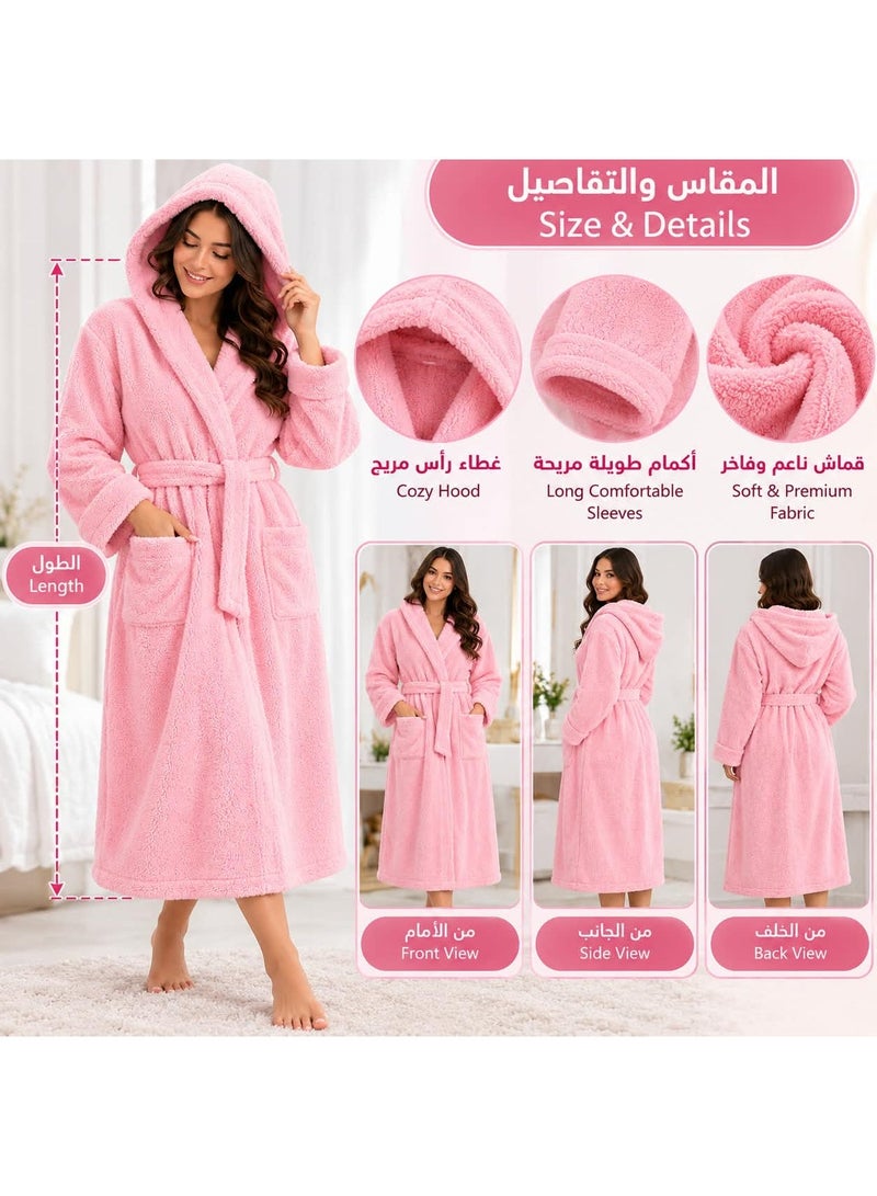 نوريل برنص نسائي وردي فاخر بغطاء رأس – روب منزلي طويل ناعم للنساء بحزام خصر وجيوب جانبية – ملابس مريحة بعد الاستحمام وللاسترخاء والسبا – مقاس XL - Image 5