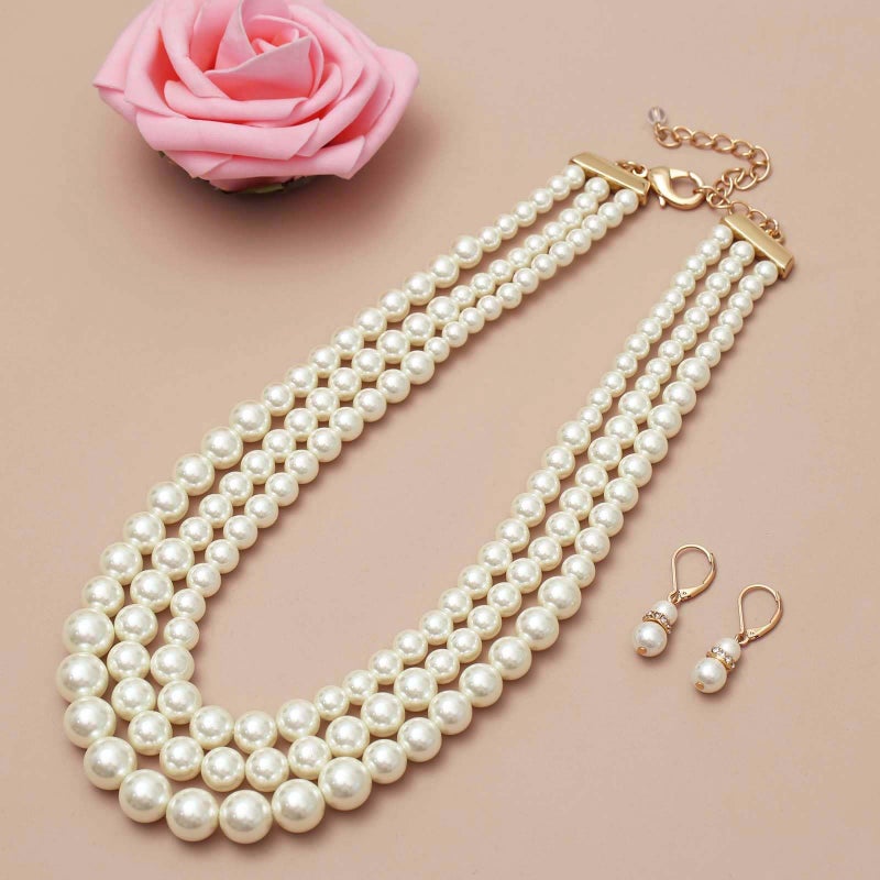 S SUSANN Costume Layered Gold Pearl Necklace Choker Chunky Glass Statement Necklace and Earring, good gift for women Faux pearl necklace (Pearl collar necklace) - Image 4