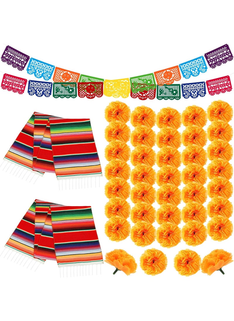 Moukeren Moukeren 104 Pcs Day of The Dead Decorations Set 100 Pcs Orange Marigold Flower Heads Bulk 2 Pcs Mexican Party Banners and 2 Pcs Mexican Table Runner for Halloween Dia De Los Muertos Altar Diwali  - Image 1
