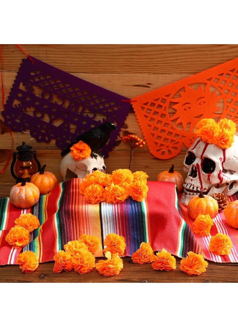 Moukeren Moukeren 104 Pcs Day of The Dead Decorations Set 100 Pcs Orange Marigold Flower Heads Bulk 2 Pcs Mexican Party Banners and 2 Pcs Mexican Table Runner for Halloween Dia De Los Muertos Altar Diwali  - Image 3