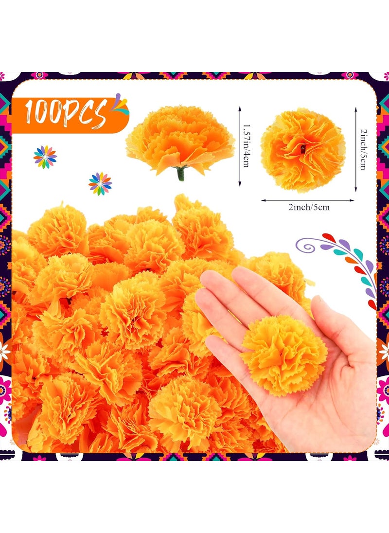 Moukeren Moukeren 104 Pcs Day of The Dead Decorations Set 100 Pcs Orange Marigold Flower Heads Bulk 2 Pcs Mexican Party Banners and 2 Pcs Mexican Table Runner for Halloween Dia De Los Muertos Altar Diwali  - Image 2