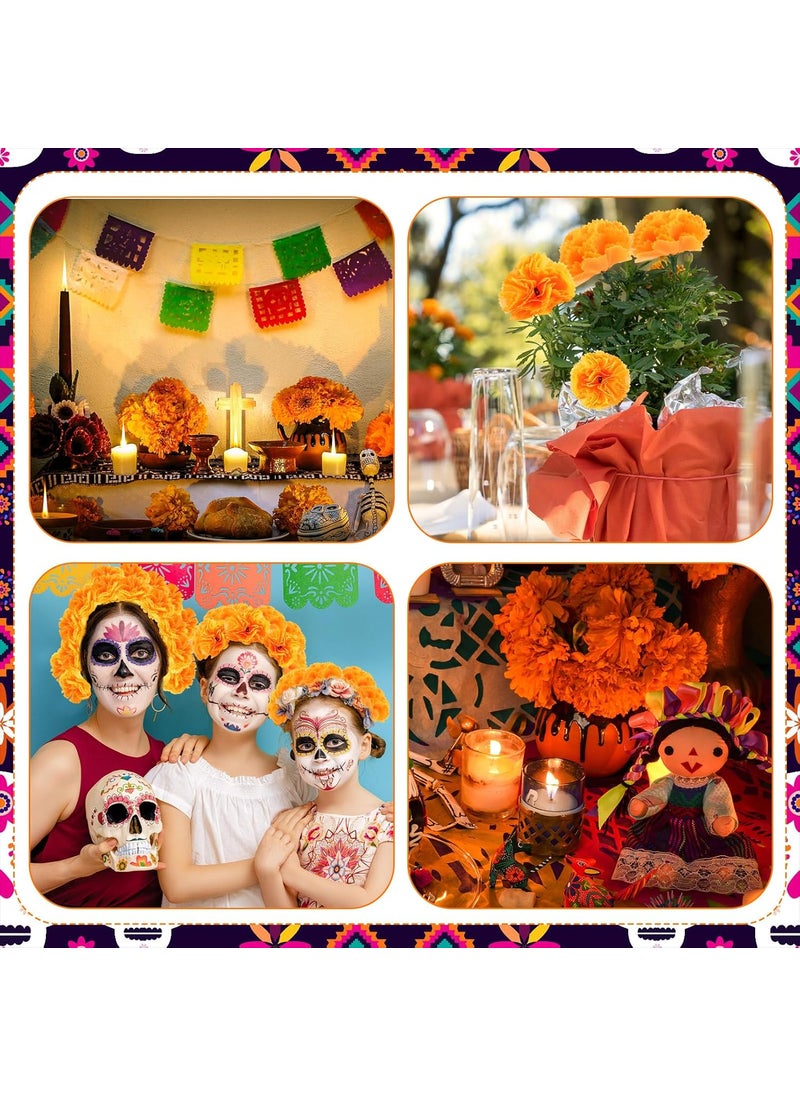 Moukeren Moukeren 104 Pcs Day of The Dead Decorations Set 100 Pcs Orange Marigold Flower Heads Bulk 2 Pcs Mexican Party Banners and 2 Pcs Mexican Table Runner for Halloween Dia De Los Muertos Altar Diwali  - Image 5
