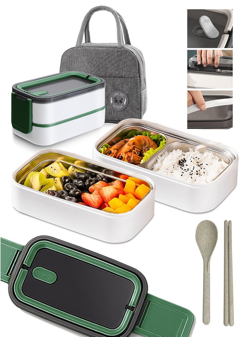 Stainless Steel Lunch Box (1400ml) – Double-Layer, Microwave-Safe, Made of 304 Leakproof Stainless Steel – Detachable with Thermal Insulation – Ideal for Adults, Students, Office, or School – Includes Thermal Bag and Cutlery. - Image 1