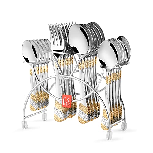 FnS Imperio Stainless Steel 24 Karat Gold Plated Cutlery Set of 24 with Stand (6 Dinner Spoons, 6 Dinner Forks, 6 Teaspoons, 6 Baby Spoons with Cutlery Stand) - Image 1