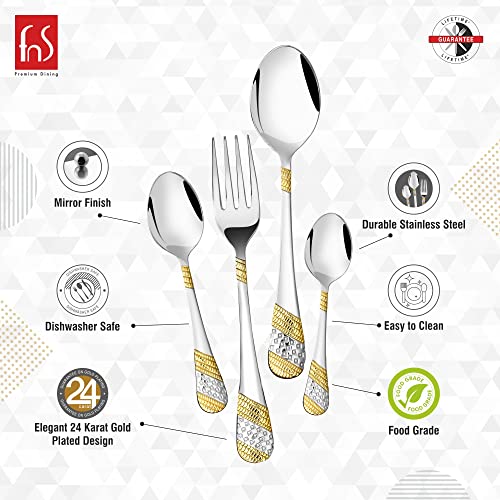 FnS Imperio Stainless Steel 24 Karat Gold Plated Cutlery Set of 24 with Stand (6 Dinner Spoons, 6 Dinner Forks, 6 Teaspoons, 6 Baby Spoons with Cutlery Stand) - Image 3