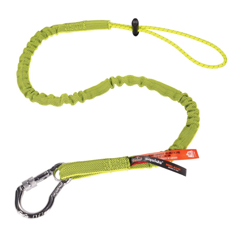 Ergodyne Squids 3100 Tool Lanyard with Single Carabiner and Adjustable Loop End, Standard Length, Lime - Image 1