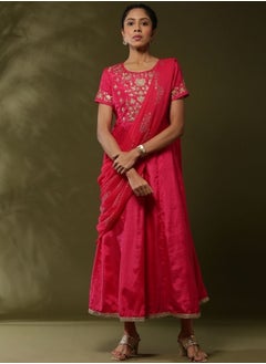 Abhishti Attached dupatta dress with floral zari embroidery-Fuchsia  - Image 1