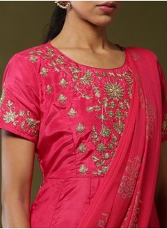 Abhishti Attached dupatta dress with floral zari embroidery-Fuchsia  - Image 3