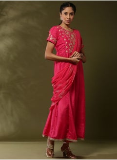 Abhishti Attached dupatta dress with floral zari embroidery-Fuchsia  - Image 5
