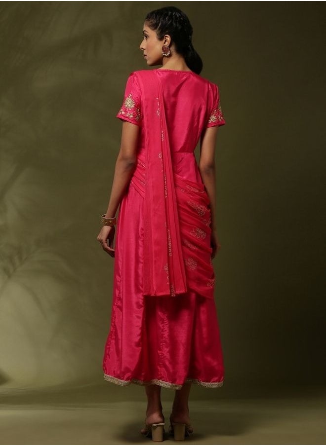 Abhishti - Attached dupatta dress with floral zari embroidery-Fuchsia - Image 1
