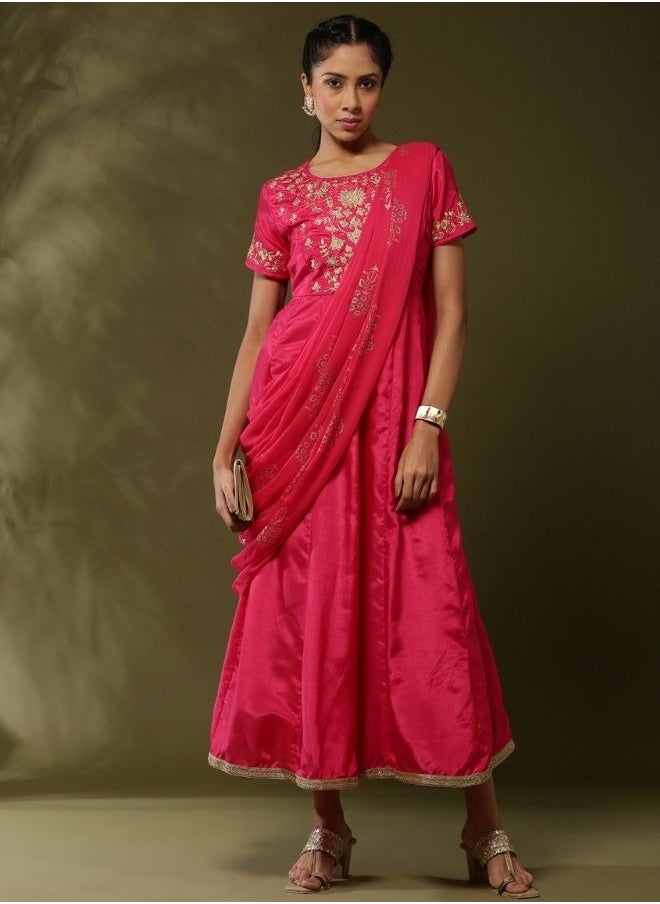 Abhishti - Attached dupatta dress with floral zari embroidery-Fuchsia - Image 1