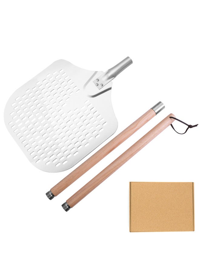 73Hours Factory In Stock Pizza Shovel Aluminum Shovel Cake Shovel Removable Wooden Handle Leak Hole 12/14/16 Inch Baking Transfer Pizza Shovel-Specifications:(leak Hole) Small Size 12inch (style 2) Two Sections (total Length 133cm) Twistable Handle (square) Aluminum Pizza Shovel + Pure Kraft Paper Box - Image 1
