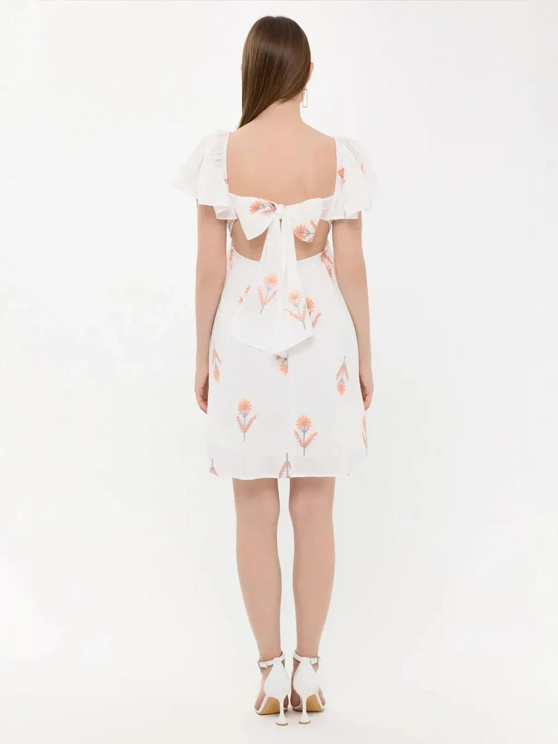 HICCUP Floral Mini Dress with Bell Sleeves and Square Neck