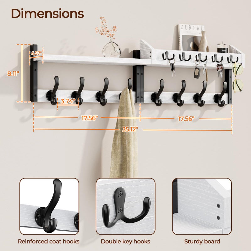 Evermagin 35" Coat Rack Wall Mount with Shelf, 4 in 1 Coat and Key Hanger with 13 Metal Hooks, Entryway Wall Mounted Shelf with Mail Holder for Living Room, Bedroom, White - Image 2