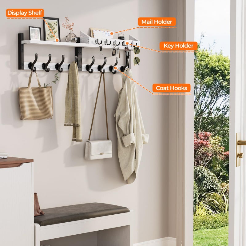 Evermagin 35" Coat Rack Wall Mount with Shelf, 4 in 1 Coat and Key Hanger with 13 Metal Hooks, Entryway Wall Mounted Shelf with Mail Holder for Living Room, Bedroom, White - Image 5