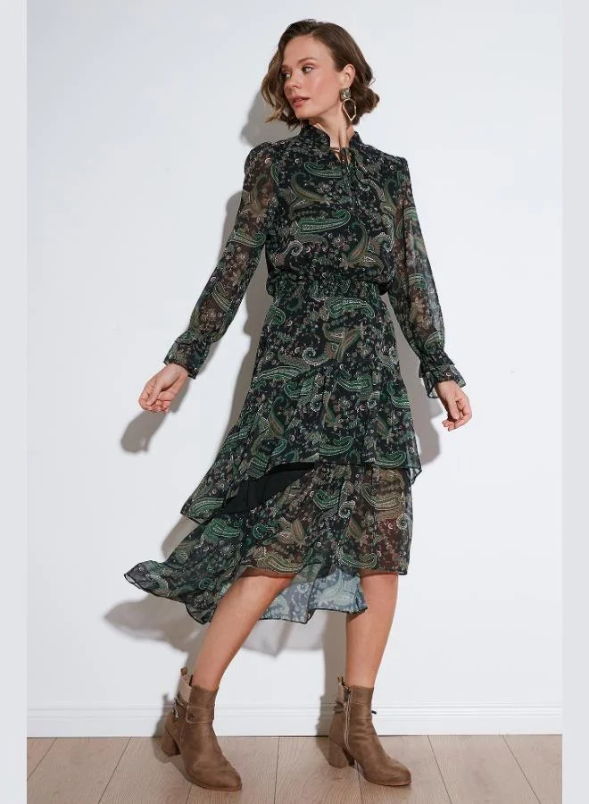 Lela Lela Regular Fit Collar Detail Ruffled Chiffon Midi Dress Women's Dress 611EL1448