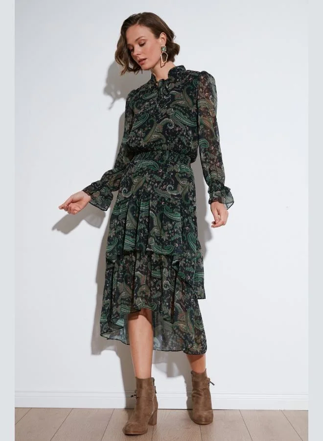 Lela Lela Regular Fit Collar Detail Ruffled Chiffon Midi Dress Women's Dress 611EL1448