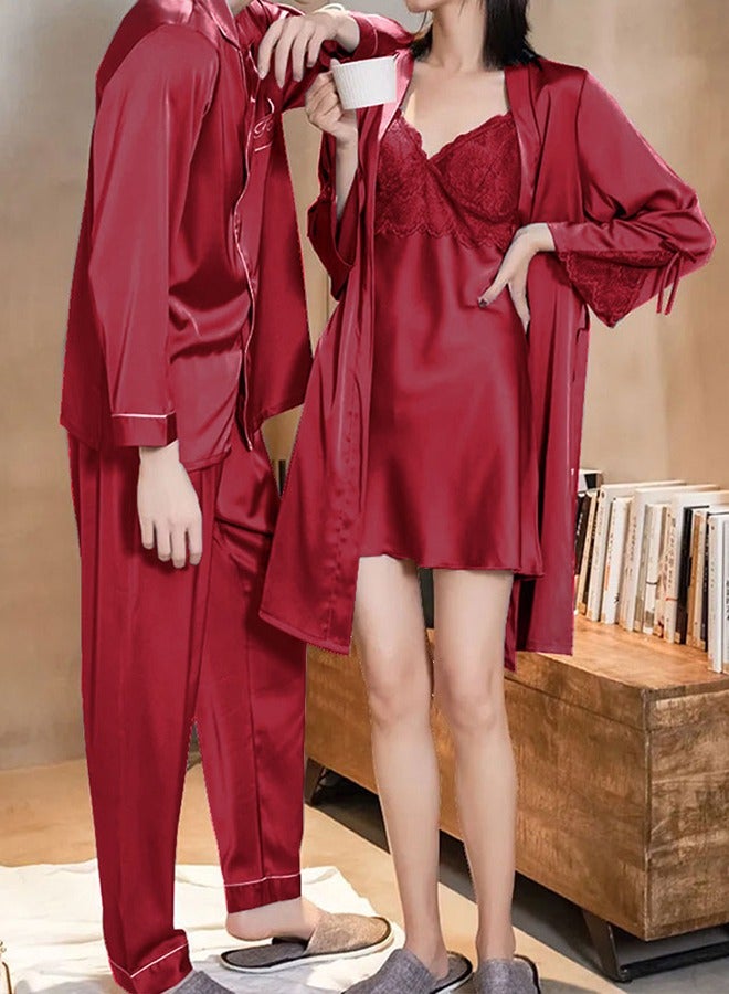 MARGOUN Summer Ice Silk XXXL Men Pajamas XL Women Lace Trim Robe Set Home Service Suit Casual Couple Sleepwear Nightwear Maroon - Image 1
