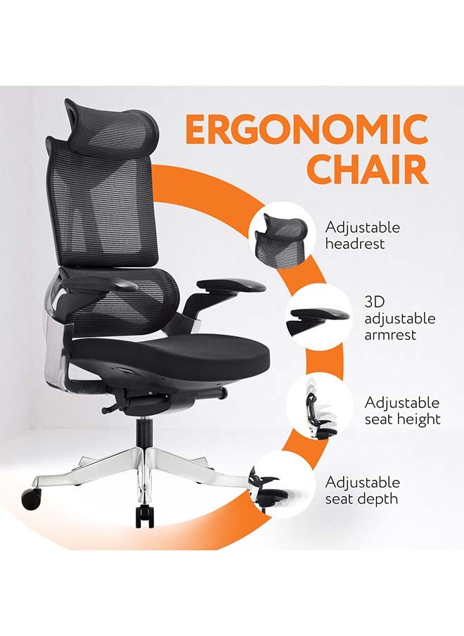SkyLand - Premium Office Chair - Ergonomic Dynamic Backrest, Synchro Reclining, High-Back, Lumbar Support, Breathable Mesh - Adjustable Headrest, Seat Depth, Soft 4D Armrests - Aluminum Frame - Image 1