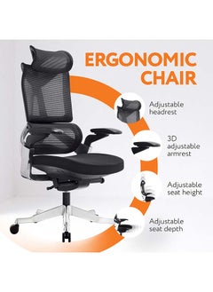 SkyLand Premium Office Chair - Ergonomic Dynamic Backrest, Synchro Reclining, High-Back, Lumbar Support, Breathable Mesh - Adjustable Headrest, Seat Depth, Soft 4D Armrests - Aluminum Frame  - Image 2
