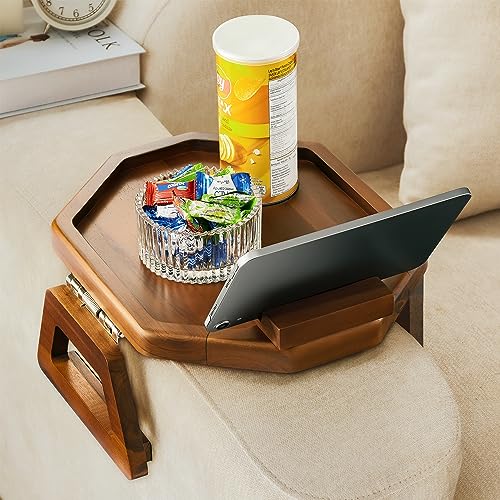 Tinamo Acacia Couch Arm Table with Phone Holder  Wooden Sofa Armrest Tray Octagon  Clipon Tray for Wide Couch  Side Table for Eating  Drink Octagon Phone Holder Acacia