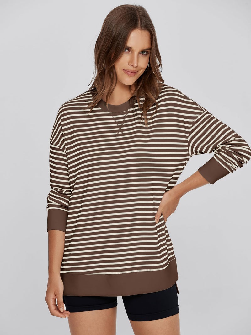 Glamaker Women's Striped Long Sleeve Crewneck Sweatshirt Air Essentials Soft Loose Pullover Sweatshirts Coffee White XS - Image 2
