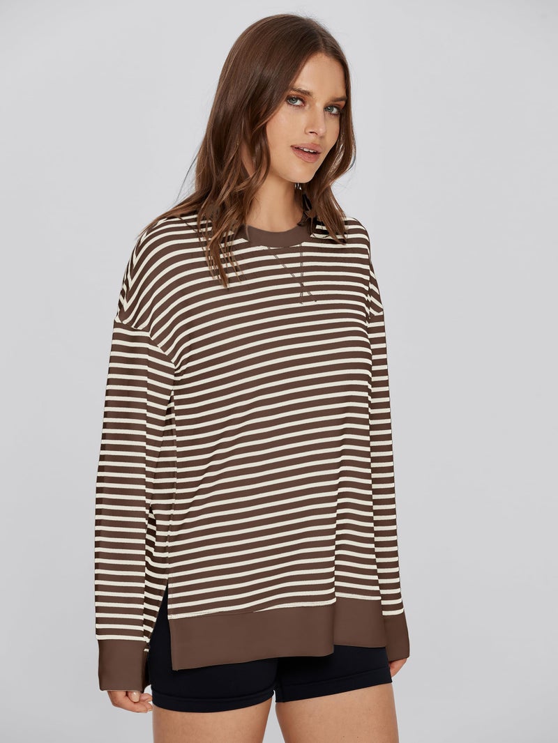 Glamaker Women's Striped Long Sleeve Crewneck Sweatshirt Air Essentials Soft Loose Pullover Sweatshirts Coffee White XS - Image 3