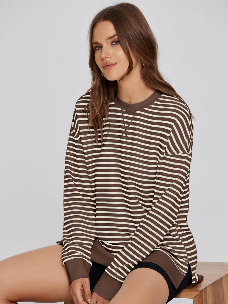 Glamaker Women's Striped Long Sleeve Crewneck Sweatshirt Air Essentials Soft Loose Pullover Sweatshirts Coffee White XS - Image 5