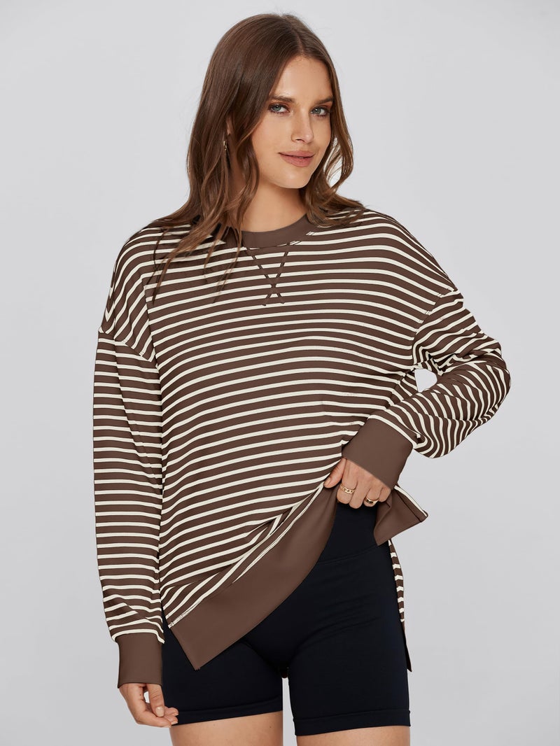 Glamaker Women's Striped Long Sleeve Crewneck Sweatshirt Air Essentials Soft Loose Pullover Sweatshirts Coffee White XS - Image 4