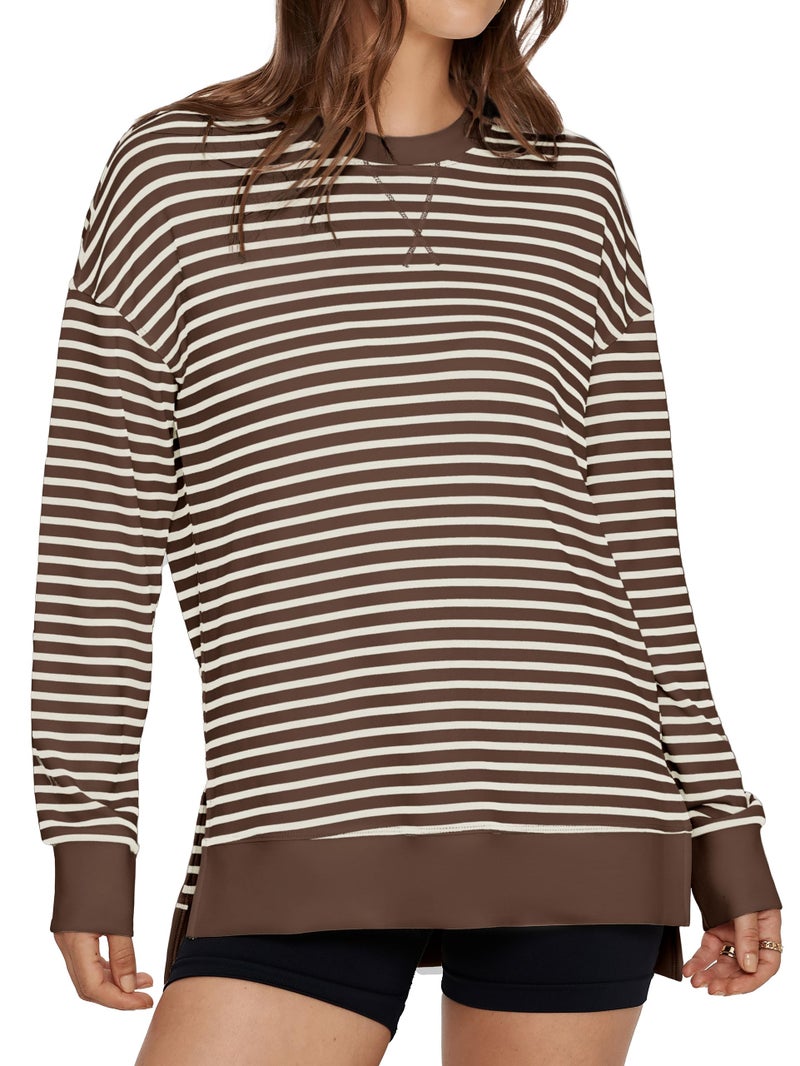 Glamaker Women's Striped Long Sleeve Crewneck Sweatshirt Air Essentials Soft Loose Pullover Sweatshirts Coffee White XS - Image 1