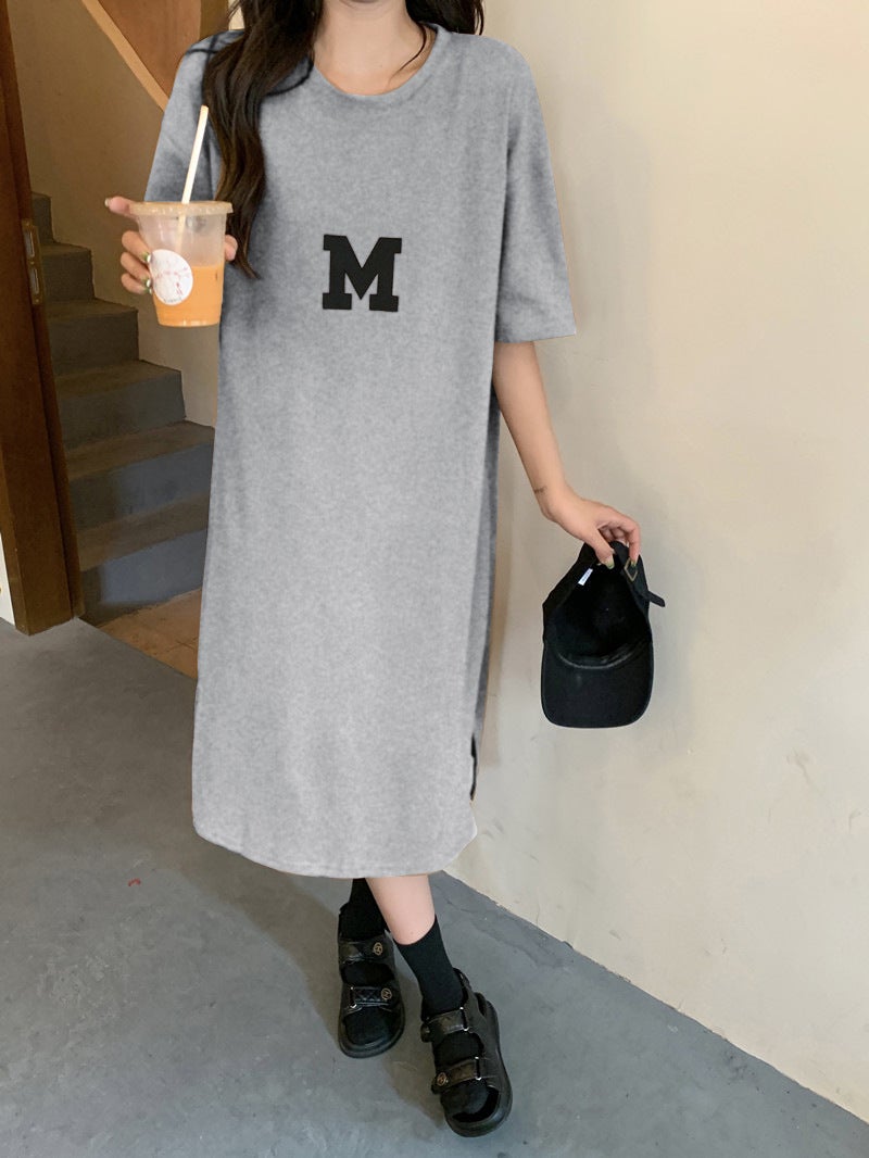 Summer New plus size Womens 2024 Fat Sister Loose Belly Covering Slim Knee T-shirt Dress Light brown - Image 3