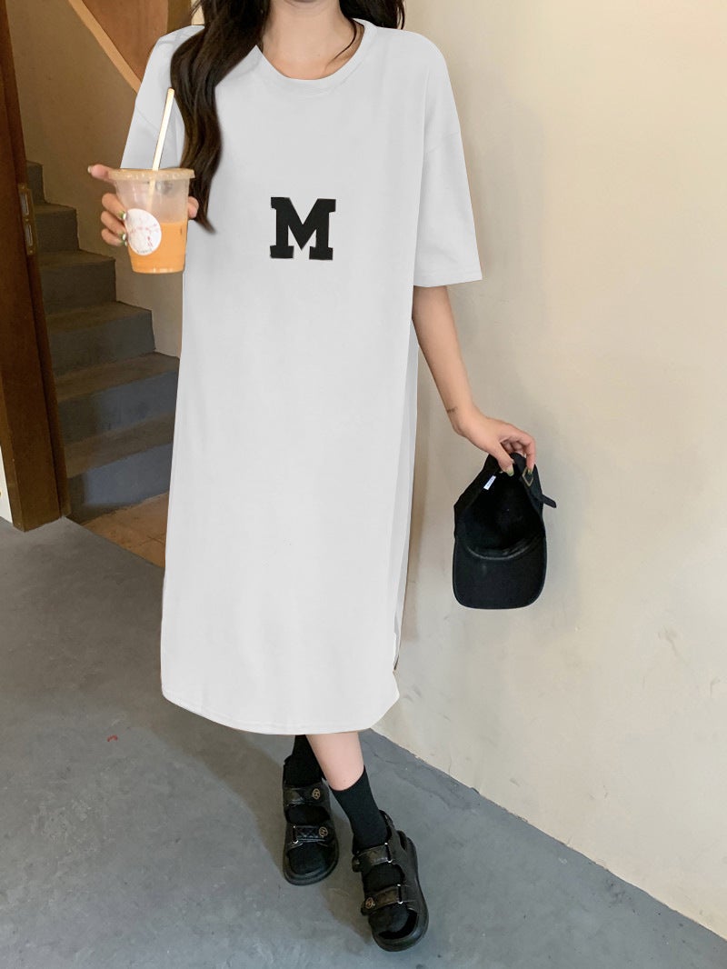 Summer New plus size Womens 2024 Fat Sister Loose Belly Covering Slim Knee T-shirt Dress Light brown - Image 4