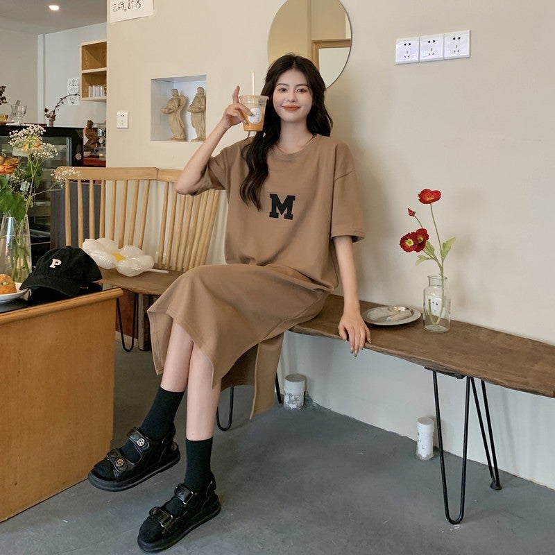 Summer New plus size Womens 2024 Fat Sister Loose Belly Covering Slim Knee T-shirt Dress Light brown - Image 1