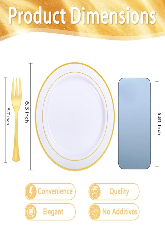 WELLIFE 120 PCS Plastic Dessert Plates and 120 PCS Forks, 6.3 inch Disposable Salad Plate, Premium White Appetizer Plates with Gold Rims Perfect for Parties, Weddings - Image 2