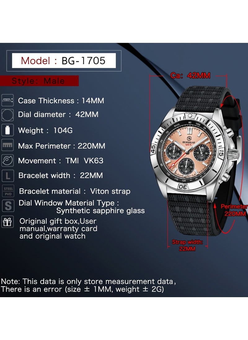 BERSIGAR - Bersigar BG-1705 Bellatrix Stainless Steel Rubber Strap Chronograph Watch - Image 1