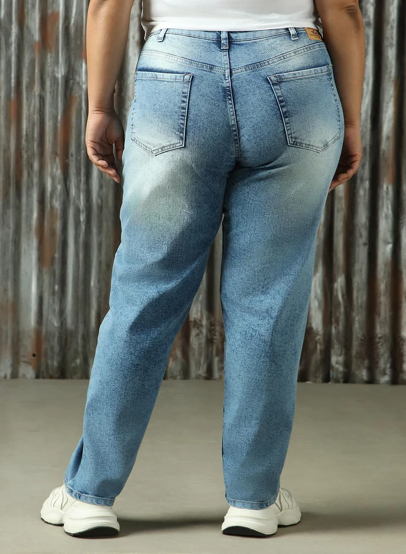 HIGH STAR Women's Indigo Cotton Blend Distressed Plus Size Jeans