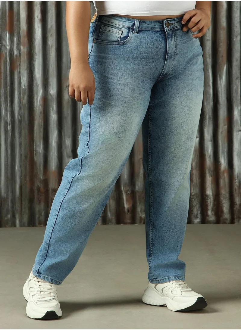 هاي ستار Women's Indigo Cotton Blend Distressed Plus Size Jeans