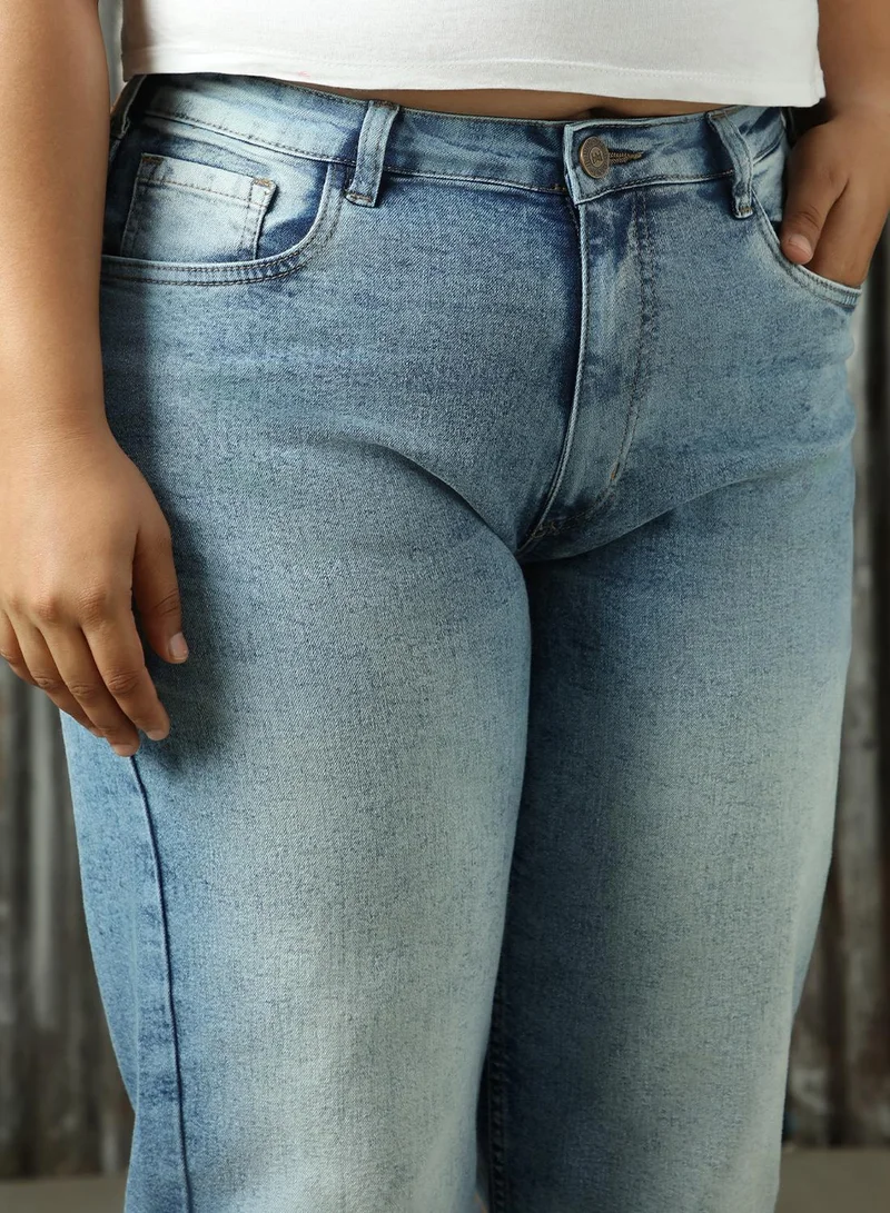 HIGH STAR Women's Indigo Cotton Blend Distressed Plus Size Jeans