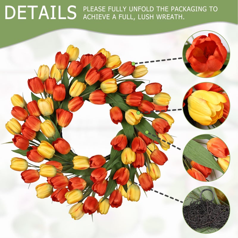 MDSTBN 24 Inch Tulip Spring Wreath for Front Door Summer Silk Wreath with Green Leaves Artificial Tulip Flower Wreaths for All Seasons Farmhouse Porch Wall Living Room Home Widding Decor-Orange - Image 2
