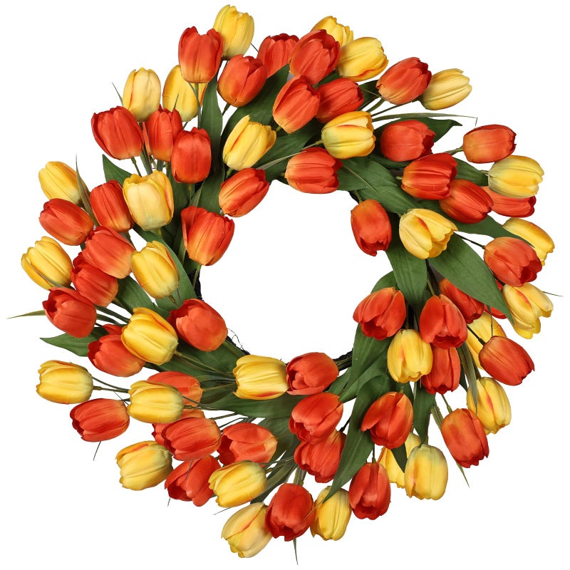 MDSTBN 24 Inch Tulip Spring Wreath for Front Door Summer Silk Wreath with Green Leaves Artificial Tulip Flower Wreaths for All Seasons Farmhouse Porch Wall Living Room Home Widding Decor-Orange - Image 1