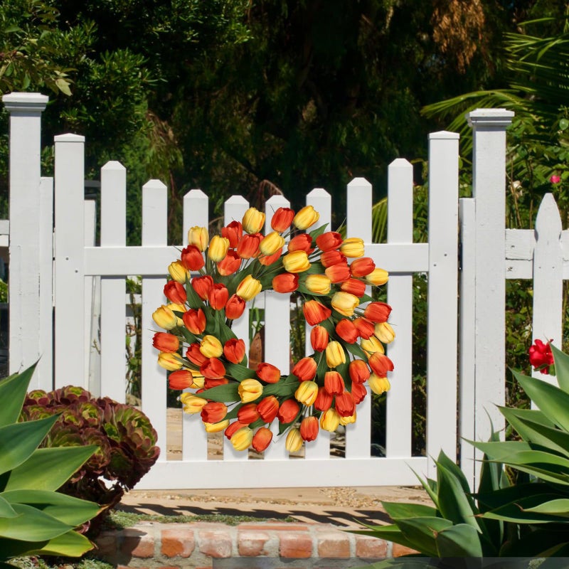 MDSTBN 24 Inch Tulip Spring Wreath for Front Door Summer Silk Wreath with Green Leaves Artificial Tulip Flower Wreaths for All Seasons Farmhouse Porch Wall Living Room Home Widding Decor-Orange - Image 5