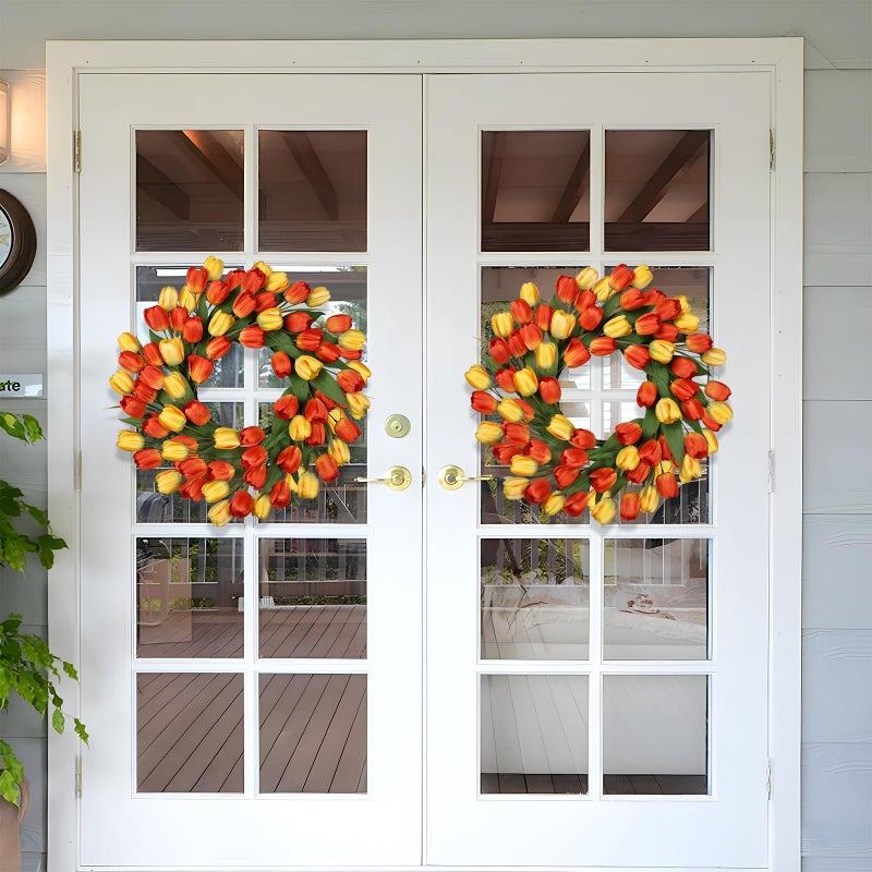 MDSTBN 24 Inch Tulip Spring Wreath for Front Door Summer Silk Wreath with Green Leaves Artificial Tulip Flower Wreaths for All Seasons Farmhouse Porch Wall Living Room Home Widding Decor-Orange - Image 4