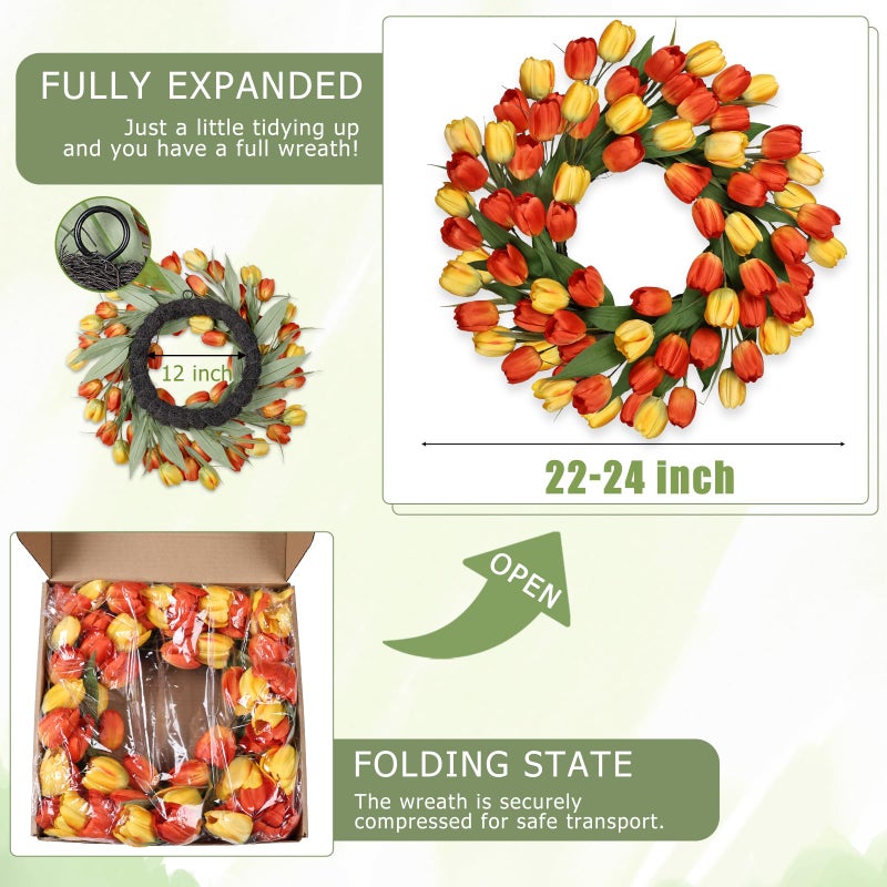 MDSTBN 24 Inch Tulip Spring Wreath for Front Door Summer Silk Wreath with Green Leaves Artificial Tulip Flower Wreaths for All Seasons Farmhouse Porch Wall Living Room Home Widding Decor-Orange - Image 3