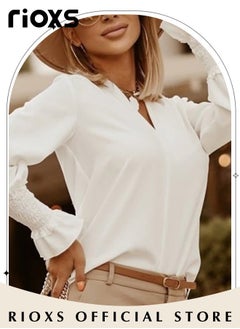 RIOXS Women's Solid Color Dressy Chiffon Shirts Notch V-neck Puff Long Sleeve Blouse Loose Fit Casual Tops Office Formal Work Shirts  - Image 4